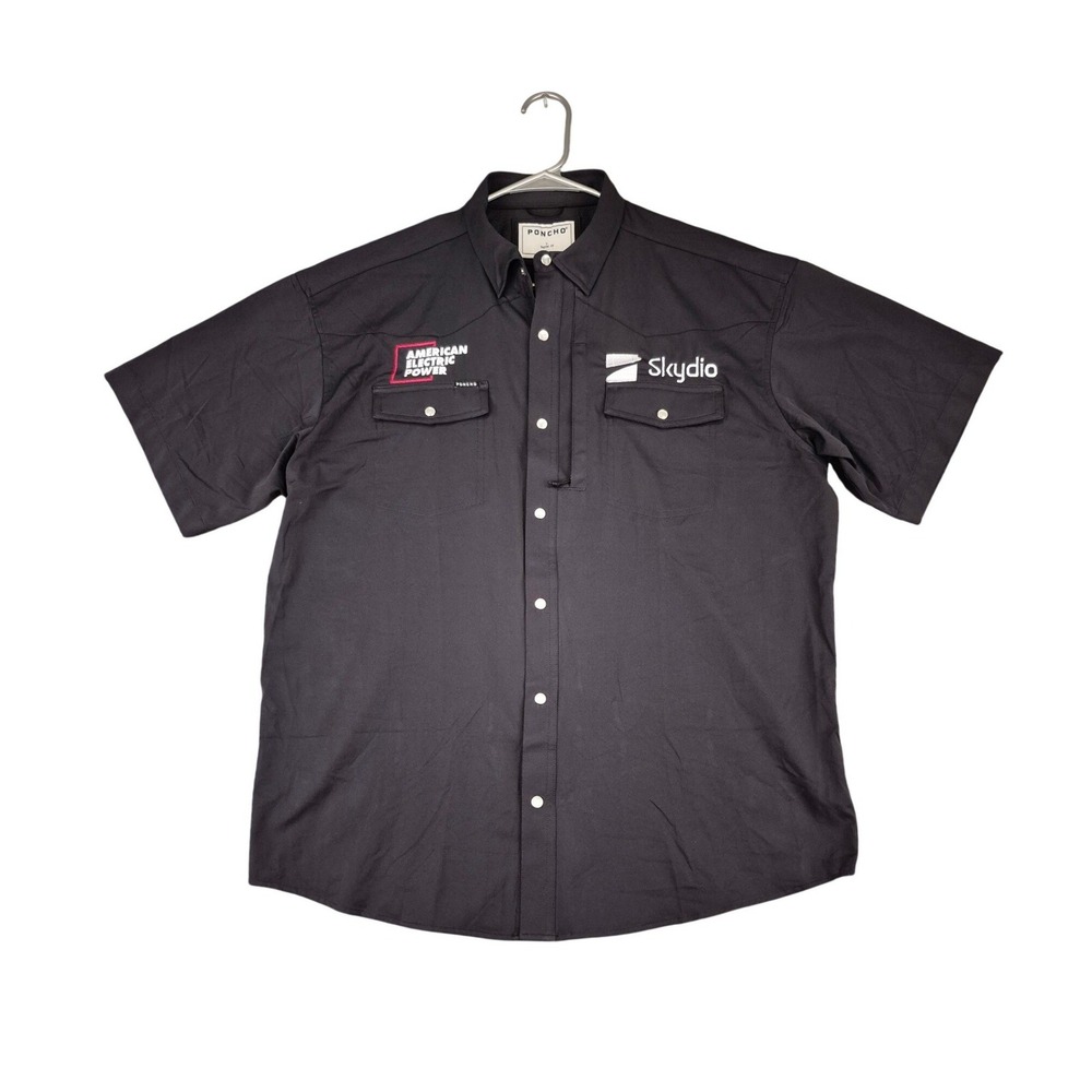 PONCHO Outdoors Mens Black‎ Short Sleeve Pearl Snap Shirt Skydio AEP Logo Large